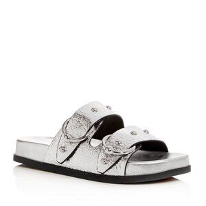 Rebecca Minkoff Vachel Metallic Buckled Slides In Silver Sandals 9